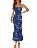 MEROKEETY Women's Floral Strapless Maxi Dress 2026 Summer Mesh Tube Bodycon Formal Wedding Guest Cocktail Party Long Dresses, Navy, Medium