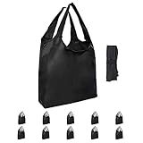 Aricsen 10 Pack Durable Folding Large Kitchen Reusable Shopping Bags with Handles Bulk, Recycle Foldable Grocery Heavy Duty Washable into Pocket Portable Nylon Tote, Polyester Cloth, Black