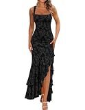 Women's Elegant Ruched Floral Maxi Wedding Guest Dress,L,Black