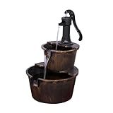 Alpine Corporation 27" Tall Rustic Outdoor 2-Tier Barrel Pump Water Fountain with Soothing Cascading Water Flow for Patio, Yard, Porch, or Landscape, Bronze