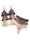 BEAUDRM Women's 3 Pack Floral Print Mesh Lingerie Set Wireless Low Rise Sheer Matching Bra and Panty Set Beige Black Brown Medium