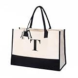 Salt Earth Personalized Initial Tote Bag for Women, 100% Cotton Canvas Tote Bag, Large Beach Grocery Utility Tote, Custom Monogram Reusable Shopping Bag for Work Travel Everyday Use