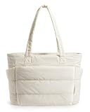 BAGSMART Tote Bag for Women, Lightweight Puffy Tote Bag with Compartments Shoulder Bag Handbag Quilted Shoulder Bag Handbag for Travel, Work, Beach, Gym, Shop(Beige)