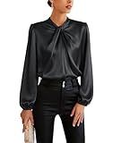 Women's Lantern Long Sleeve Blouse Solid Dressy Shirt Twist Front Top for Office Work Business Black,M