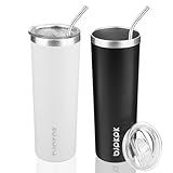 BJPKPK 20 oz Skinny Tumbler with Lid 2 Pack Slim Insulated Travel Coffee Cup Stainless Steel Thermal Mug,Black,White