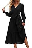 PRETTYGARDEN Women's Floral Boho Dress Fall Long Sleeve Wrap V Neck Ruffle Flowy Maxi Spring Wedding Guest Vacation Dresses (Solid Black,X-Large)