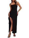 REORIA Womens Sexy Square Neck Ruched Bodycon Maxi Dress Backless High Slit Ruffle Cocktail Dress Black Onyx Small