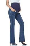 GLAMIX Women's Stretch Maternity Bootcut Jeans with Pockets Over The Belly Bell Bottoms Flare Denim Pants Pregnancy Clothes(Navy Blue, L)