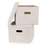 ZICOTO Decorative File Organizer Box Set of 2 - Collapsible Linen Filing Cabinets w/Handles Are Perfect to Store all Your Documents & Hanging File Folders - Portable Easy Slide Crates with Lid