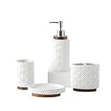 RQYIXI Elegant 4 PCS Ceramic&Wood Bathroom Accessories Set:Soap Dispenser,Toothbrush Holder,Tumbler,Soap Dish,Easy to Clean,Quatrefoil Pattern,White-Affordable Luxury for Home Decor Enthusiasts