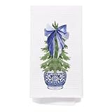 Chinoiserie Christmas Tree Hand Towels, Blue and White Porcelain - 16x24 Inch, Bathroom and Kitchen Decor
