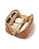 EACHY Travel Makeup Bag,Large Capacity Cosmetic Bags for Women,Waterproof Portable Pouch Open Flat Toiletry Bag Make up Bag with Divider and Handle, Gifts for Women (Brown, Medium)