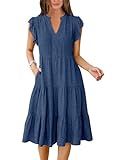 ANRABESS Womens Summer Dress Ruffle Sleeve V Neck Midi Dresses Fashion Casual Fit Flowy Tiered Boho Beach Vacation Sundress Blue-M