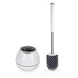 BOOMJOY Toilet Brush and Holder Set, Silicone Toilet Bowl Cleaner Brush, Bathroom Cleaning Bowl Kit with Tweezers, Bathroom Accessories with Aluminum Handle - White
