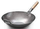 Craft Wok Flat Hand Hammered Carbon Steel Pow Wok with Wooden and Steel Helper Handle (14 Inch, Flat Bottom) / 731W316