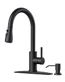 FORIOUS Black Kitchen Faucet, with Soap Dispenser and Pull Down Sprayer