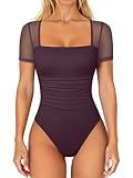 OQQ Women Short Sleeve Bodysuit Square Neck Tummy Control Shapewear Mesh Ruched One Piece Leotard Shirts Going Out Tops Deeppurple