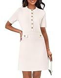 MEROKEETY Women's Knit Bodycon Sweater Dress Button Short Sleeve Crew Neck Elegant Formal Mini Dress, Ivory, Medium
