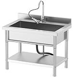 Stainless Steel Utility Sink, 39.5" × 23.6" Freestanding Sink with 360° Retractable Cold and Hot Water Faucet,Hoses and Drain Kit for Kitchens, Bathrooms, Garage, Laundry Room