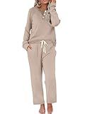 WIHOLL Lounge Sets for Women 2 Piece Fall Outfits for Women 2025 Fashion Old Money Clothes 2025 Two Piece Sweat Suits Casual Tracksuit Button Down Loungewear Matching Sets Winter Clothing Beige XL
