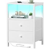 BOLUO White Nightstand with Charging Station, LED Night Stand with 2 Fabric Drawers, Bedside Table with USB Ports and Outlets, Nightstand for Bedroom Modern