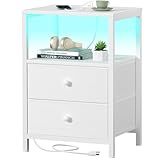 BOLUO White Nightstand with Charging Station, LED Night Stand with 2 Fabric Drawers, Bedside Table with USB Ports and Outlets, Nightstand for Bedroom Modern