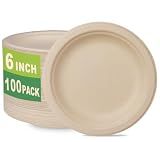 GreenWorks 100 Count 6“ Small Compostable Dessert Plates, Heavy-duty Unbleached Biodegradable Bagasse and Bamboo fiber Paper Plates