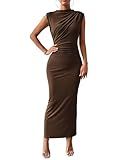 BTFBM Women's Ruched Bodycon Dress Summer Casual Sleeveless Back Slit Elegant Club Evening Party Cocktail Maxi Dresses(Coffee, Large)