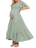 Swiss Dot Smocked Maternity Dress for Baby Shower Photoshoot Casual V Neck Ruffle Sleeve Empire Waist Tiered Boho Dress Light Green