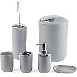 Papillon Bathroom Accessories - 6 Piece Plastic Gift Toothbrush Holder,Toothbrush Cup,Soap Dispenser & Dish,Toilet Brush Holder,Trash Can,Tumbler Straw Set (Gray)