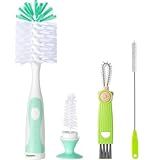 Baby Bottle Brush Set 4 in 1, Baby Bottle Cleaner, with 1P Nylon Bottle Brush, 1P Bottle Cap Brushes, 2P Straw Brushes, Bottle Brush with Nipple Cleaner and Suction Cup, BPA-Free(Green)