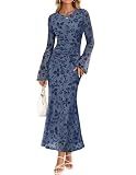ZESICA Women Long Sleeve Floral Fall Bodycon Maxi Formal Dress Dusty Blue M