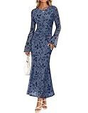 ZESICA Women's Long Sleeve Floral Bodycon Dress 2026 Spring Fall Ruched Mesh Wedding Guest Cocktail Party Maxi Dresses, Dusty Blue, S