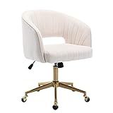 Home Office Chair Swivel Velvet Desk Chair Accent Armchair Upholstered Modern Tufted Chairs with Gold Base for Girls Women Ergonomic Study Seat Computer Task Stools for Living Room(Cream)