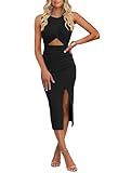 oten Women's Casual Sleeveless Cutout Side Slit Crew Neck Ribbed Knit Party Bodycon Midi Dresses Black Medium