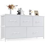 DUMOS Dresser for Bedroom, 5 Storage Drawers, Wide Fabric Closet Chests Organizer Tower Furniture with Wooden Top Metal Frame for Clothes, Guest Room, Living Room, Hallway, Entryway