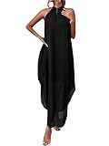 Verdusa Women's Fall Formal Wedding Guest Dress Halter Flowy Sleeveless Asymmetrical Boho Maxi Dress Black Large