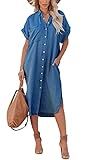 chouyatou Women's Summer Loose Hand Pocket Midi Long Tunic Denim Shirt Dress (XX-Large, Dark Blue)
