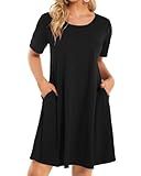 elescat Fall Dresses for Women Casual with Pockets Summer Mini Beach Sundress Short Sleeve Loose Fit(Black,L)