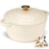Overmont Enameled Cast Iron Dutch Oven - 5.5QT Pot with Lid Cookbook & Cotton Potholders - Heavy-Duty Cookware for Braising, Stews, Roasting, Bread Baking white