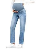 BLENCOT Women's Maternity Jeans Over Belly Loose Fit Stretch Straight Leg Pregnancy Denim Work Pants with Pockets Myosotis Large