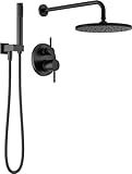 Delta Modern 14 Series Round Rain Shower System Faucet Set, Rainfall Matte Black Shower Head and Handle Set, Valve Trim Kit, 10 Inch, Matte Black 342702-BL