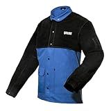 QeeLink Welding Jacket Split Leather Sleeves | Premium Flame Resistant Cotton Body Welder Jackets Clothes, Blue/Black, Medium