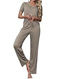 Ekouaer Women's Pajamas Set Soft 2 Piece Lounge Sets V-neck Sleepwear Short Sleeve Top Pants with Pockets Moon Gray Medium