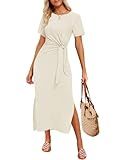 ZESICA Women's Summer Short Sleeve Bodycon Midi Dresses 2025 Casual Crewneck Knit Wrap Tie Waist T Shirt Long Dress,Apricot,Medium