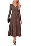 Arach&Cloz Fall Winter Womens Sweater Dress 2025 Long Sleeve V Neck Cashmere Ribbed Knit Tie Waist Pleated A Line Pullover Fashion Belt Midi Maxi Clothes Coffee Brown