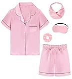 ALHAVONE Kids Girl Pajama Set with Headband Blindfold Hair Tie Toddler Boy Girl Satin Silky Button-up Pajama Sleepwear (Pink-short, 140)