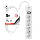GE Surge Protector Power Strip, 6 Ft Extension Cord, 6 Outlet Extender, 800 Joules, Flat Plug, Twist-to-Close Safety Covers, ETL Listed, White, 67051