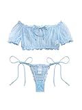 Lilosy Sexy Stretch Ruffle Tie Sheer Mesh Lingerie Set Outfits 2 Piece Women Kawaii Cute See Through Matching Bra Panty Underwear Polka Dot Light Blue Medium
