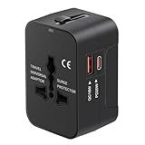 Travel Adapter USB C, Universal All in One Worldwide Travel Adapter Fast Charge GaN PD3.0 Type C USB-A Quick Charging Ports Power Converters Wall Charger AC Power Plug Adapter for USA EU UK AUS Black